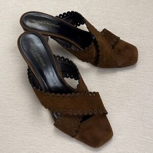 Saint Laurent Loulou Slide Sandals Mules Brown Eyelet-Trim Suede Sz 40 High Heel